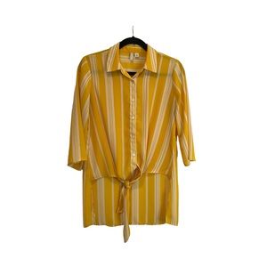Cato Yellow Striped Button Front 3/4 Sleeves Hi Low Hem Boho Top Womens Size S